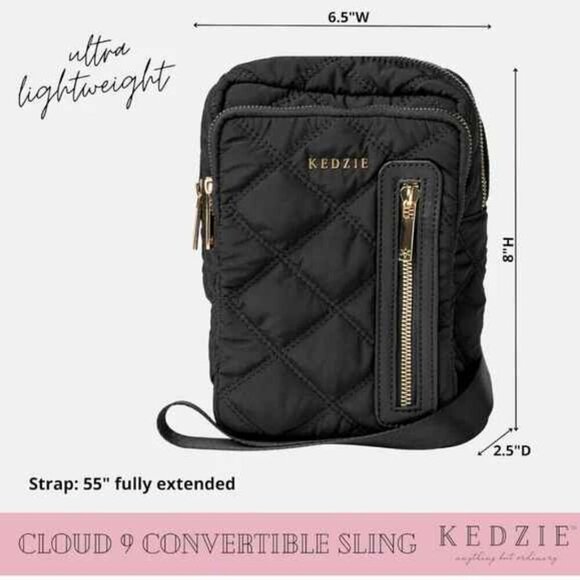 KEDZIE Cloud 9 Quilted Puffer Convertible Sling Bag (Black)2-Inch Bag Strap NWOT - Picture 2 of 12